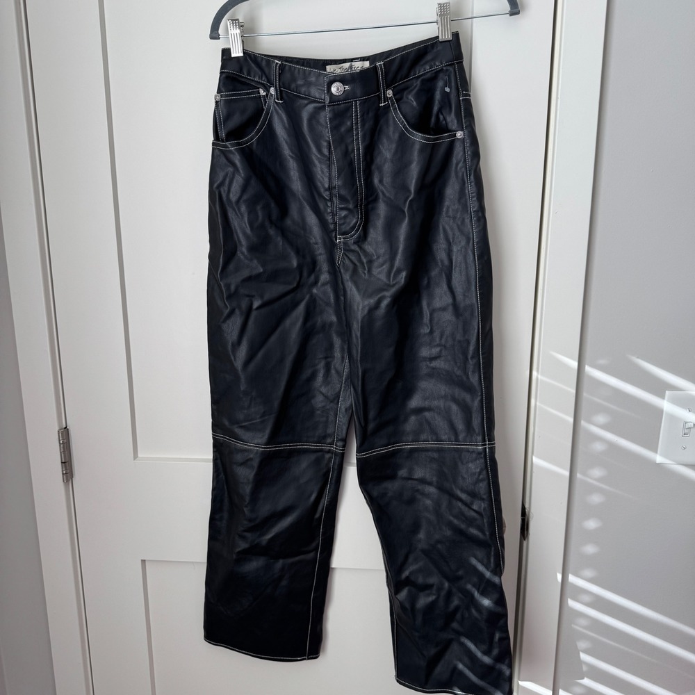 We The Free Free People Black Faux Leather Contrast Stitch Wide Leg Pants Size 4